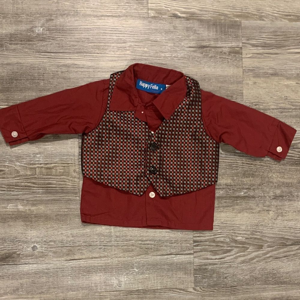 Take 50% OFF- Happy Fella Red Shirt with Brown Vest, Size-6/9M